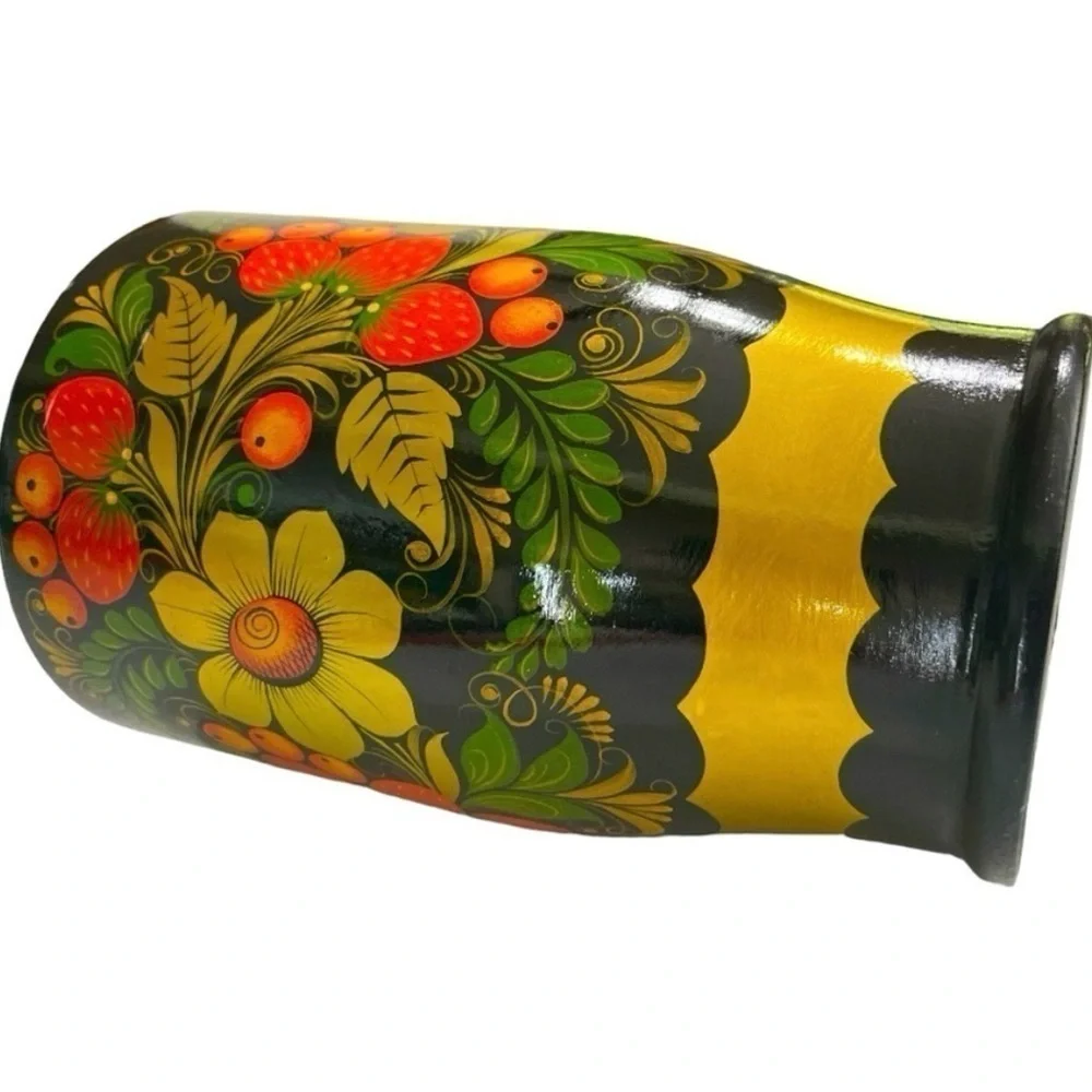 Vintage Russian Khokhloma Hand Painted Wood Floral Vase Folk Art